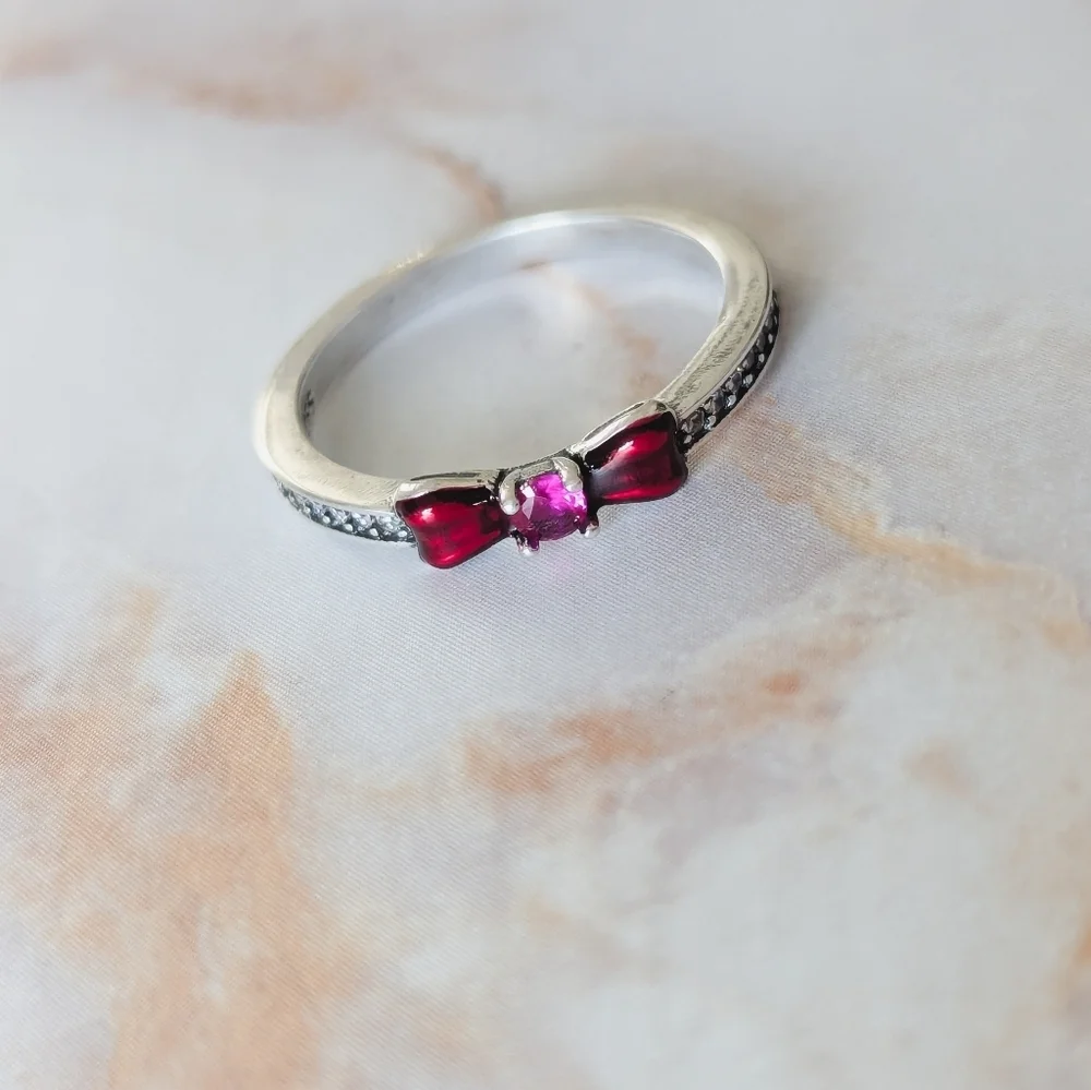 925 Sterling Silver Red Bow Ring Dainty Crystal Coquette Jewelry Size 6.5